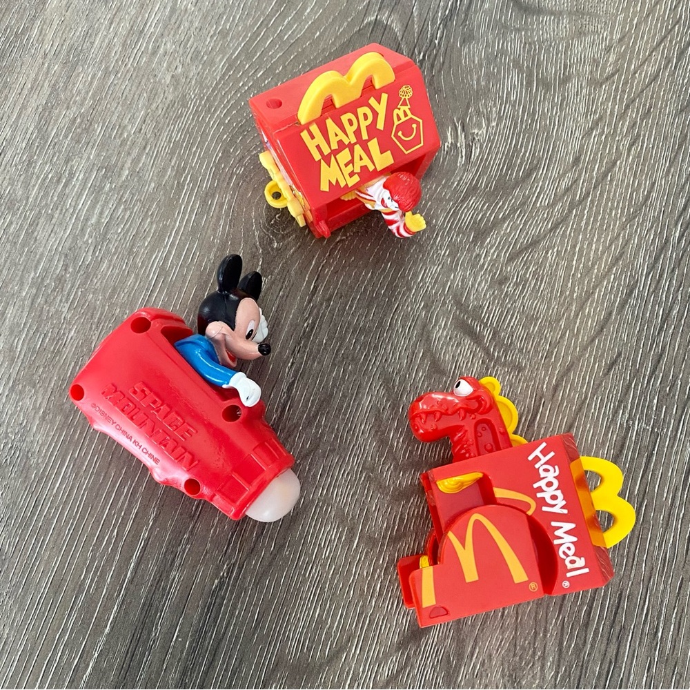 3 McDonald’s Vintage Happy Meal Toys including Mickey Mouse Space Mountain